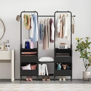 Laiensia Clothes Rack,3 Rods Portable Clothing Hanging Garment Rack,Coat and Shoe Rack with 4 Storage Shelves and 4 Storage Pockets,for Bedroom,Entryway,Living room,Black