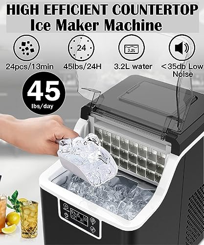 Kndko Ice Maker 45Lbs,2-Way Add Water,Self Cleaning Ice Makers Countertop,Home Ice Machine,Ice Size Control,24H Timer,Party Countertop Ice Maker for Home Bar RV,Stainless Steel Ice Maker Machine