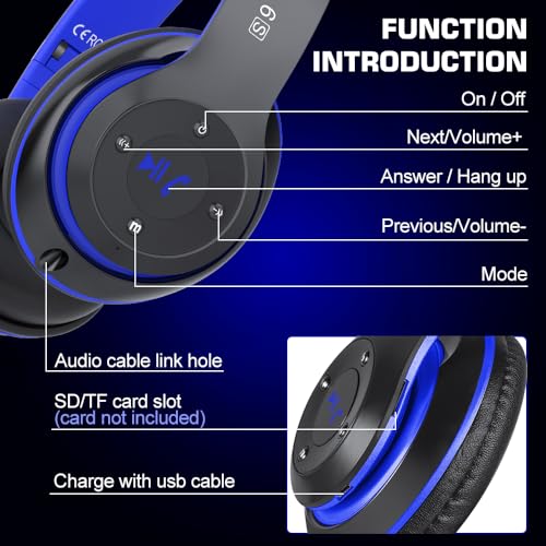 Prtukyt 6S Bluetooth Headphones Over-Ear, Hi-Fi Stereo Foldable Wireless Stereo Headsets Earbuds with Built-in Mic, Volume Control, FM for iPhone/Samsung/iPad/PC (Black & Blue)