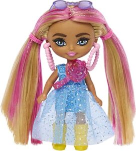 barbie extra mini minis doll with pink-streaked blonde pigtails wearing blue dress & accessories & stand, 3.25-inch