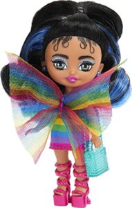 barbie extra mini minis with blue-streaked black ponytail wearing rainbow dress & accessories & stand, 3.25-inch