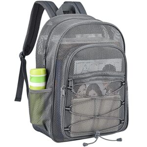 heavy duty mesh backpacks for adults, mesh school booking bags for boys and girls, see through backpack with adjustable straps, mesh bags for swimming(grey)