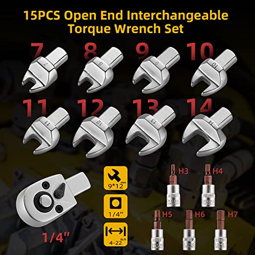 TAGVIT 15 PCS Open End Interchangeable Torque Wrench Set, 9mm x 12mm Interchangeable Head Torque Wrench for Bicycle, Air Conditioning Maintenance, etc.(4-22 ft.-lb/5.4-30 Nm)