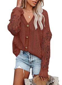 dokotoo women's v neck crochet hollow out long sleeve button down cable knit cardigan sweaters for women ladies lightweight tunic fashion sweater pullover tops dark orange m