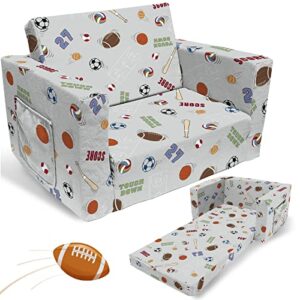 fond + found kids sofa couch, toddler boys girls 2-in-1 convertible lounger, comfy flip-out couch/sleeper, sports theme chair, football basketball baseball soccer bed