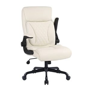 youhauchair executive office chair, ergonomic home office desk chairs, pu leather computer chair with lumbar support, flip-up armrests and adjustable height, high back work chair, beige