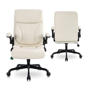 Youhauchair Executive Office Chair, Ergonomic Home Office Desk Chairs, PU Leather Computer Chair with Lumbar Support, Flip-up Armrests and Adjustable Height, High Back Work Chair, Beige