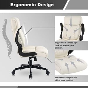 Youhauchair Executive Office Chair, Ergonomic Home Office Desk Chairs, PU Leather Computer Chair with Lumbar Support, Flip-up Armrests and Adjustable Height, High Back Work Chair, Beige