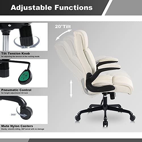 Youhauchair Executive Office Chair, Ergonomic Home Office Desk Chairs, PU Leather Computer Chair with Lumbar Support, Flip-up Armrests and Adjustable Height, High Back Work Chair, Beige