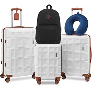 imiomo 3 piece luggage set clearance, travel suitcase with spinner wheels tsa lock, hardshell lightweight suitcase set for men and women (white+brown, 20/24/28)