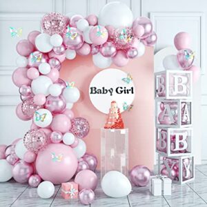 feyg pink party balloons for girls, pink white gender reveal balloons, 87pcs pastel pink balloons garland arch kit with hollow out butterfly for birthday party baby shower wedding party supplies