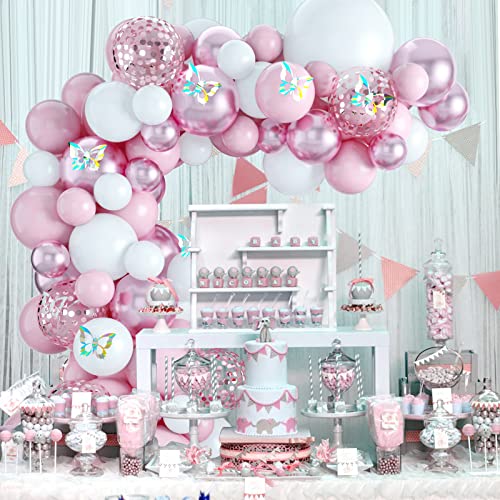 FEYG Pink Party Balloons for Girls, Pink White Gender Reveal Balloons, 87pcs Pastel Pink Balloons Garland Arch Kit with Hollow Out Butterfly for Birthday Party Baby Shower Wedding Party Supplies