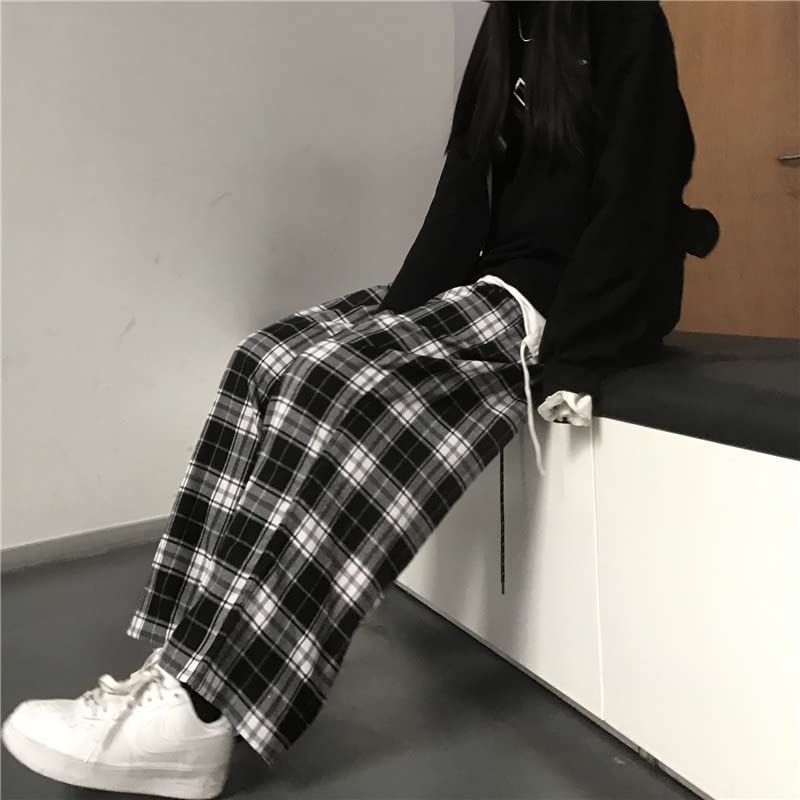 Casual Plaid Pants Y2K Goth Alt Baggy Pants Fairy Grunge Alternative Clothing Drawstring Fairycore Streetwear (Black,L)