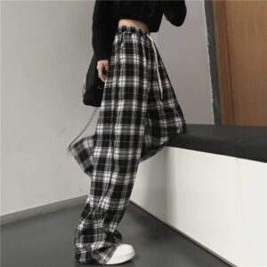 Casual Plaid Pants Y2K Goth Alt Baggy Pants Fairy Grunge Alternative Clothing Drawstring Fairycore Streetwear (Black,L)