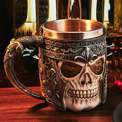 Coffee Mug, Stainless Steel Viking Warrior Skull Beer Mugs Resin Stein Tankard Drink Cup, Gift for Men Birthday,Skull Lover,Halloween & Bar Decor