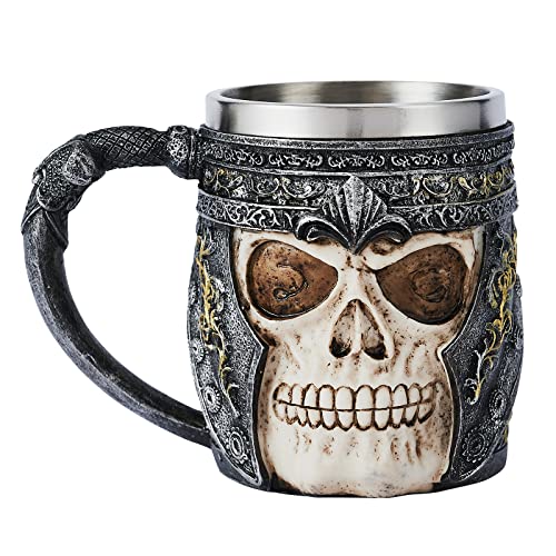 Coffee Mug, Stainless Steel Viking Warrior Skull Beer Mugs Resin Stein Tankard Drink Cup, Gift for Men Birthday,Skull Lover,Halloween & Bar Decor