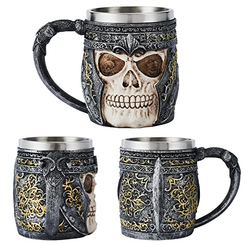 Coffee Mug, Stainless Steel Viking Warrior Skull Beer Mugs Resin Stein Tankard Drink Cup, Gift for Men Birthday,Skull Lover,Halloween & Bar Decor