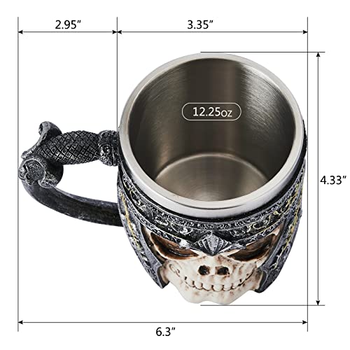 Coffee Mug, Stainless Steel Viking Warrior Skull Beer Mugs Resin Stein Tankard Drink Cup, Gift for Men Birthday,Skull Lover,Halloween & Bar Decor