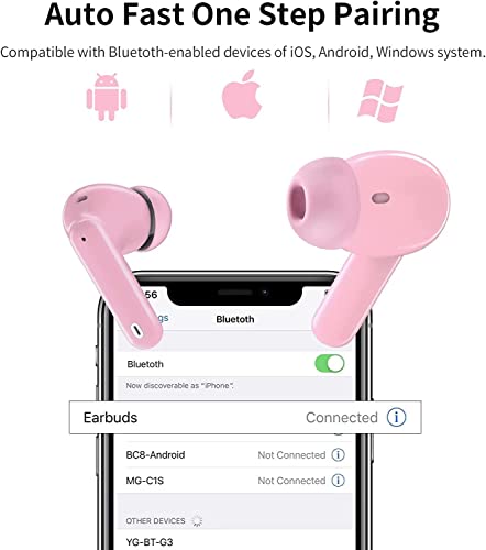 Active Noise Cancelling Wireless Earbuds in-Ear Bluetooth Headphones, IPX7 Waterproof Hi-Fi Stereo Earphones for Smart Phone Computer Laptop (Pink)