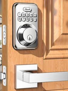 zowill keyless entry door lock with 2 lever handles, electronic keypad deadbolt, auto-locking, anti-peeping password, digital smart code door lock, front door handle sets, satin nickel