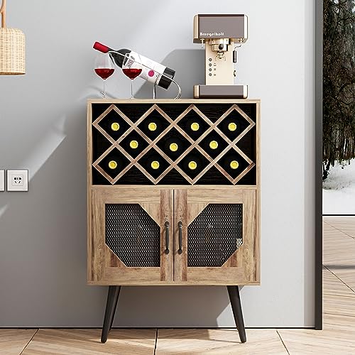 soges Wine Cabinet, 2 Doors Storage Cabinet Bar Cabinet with Cup Holders, Wine Storage Rack with 11 Bottle, Sideboard Buffet Cabinet for Dining Room, Kitchen