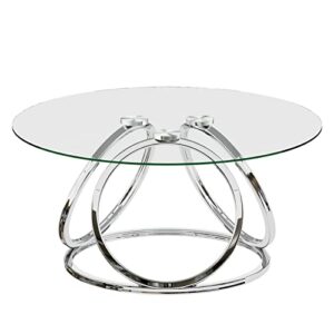 O&K FURNITURE Round Coffee Table, Modern Silver Coffee Table Living Room Table with Ring-Shaped Frames, Glass Coffee Table for Home&Office, Chrome Finish, 1 PC