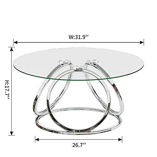 O&K FURNITURE Round Coffee Table, Modern Silver Coffee Table Living Room Table with Ring-Shaped Frames, Glass Coffee Table for Home&Office, Chrome Finish, 1 PC