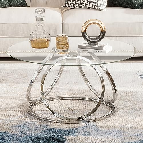 O&K FURNITURE Round Coffee Table, Modern Silver Coffee Table Living Room Table with Ring-Shaped Frames, Glass Coffee Table for Home&Office, Chrome Finish, 1 PC