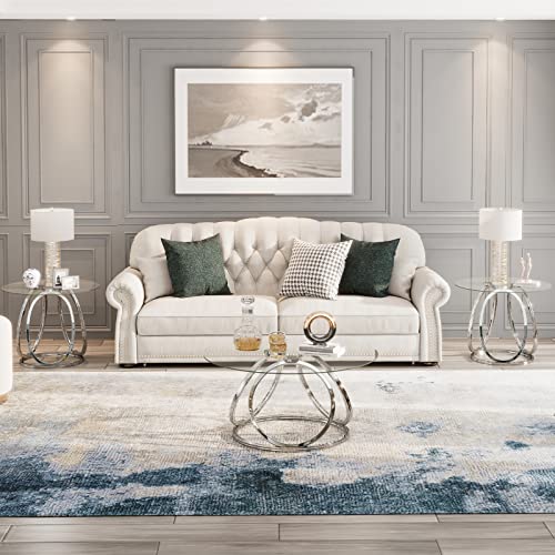 O&K FURNITURE Round Coffee Table, Modern Silver Coffee Table Living Room Table with Ring-Shaped Frames, Glass Coffee Table for Home&Office, Chrome Finish, 1 PC