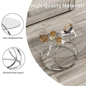 O&K FURNITURE Round Coffee Table, Modern Silver Coffee Table Living Room Table with Ring-Shaped Frames, Glass Coffee Table for Home&Office, Chrome Finish, 1 PC