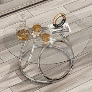 O&K FURNITURE Round Coffee Table, Modern Silver Coffee Table Living Room Table with Ring-Shaped Frames, Glass Coffee Table for Home&Office, Chrome Finish, 1 PC