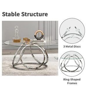 O&K FURNITURE Round Coffee Table, Modern Silver Coffee Table Living Room Table with Ring-Shaped Frames, Glass Coffee Table for Home&Office, Chrome Finish, 1 PC