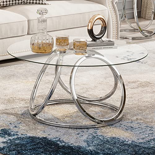 O&K FURNITURE Round Coffee Table, Modern Silver Coffee Table Living Room Table with Ring-Shaped Frames, Glass Coffee Table for Home&Office, Chrome Finish, 1 PC