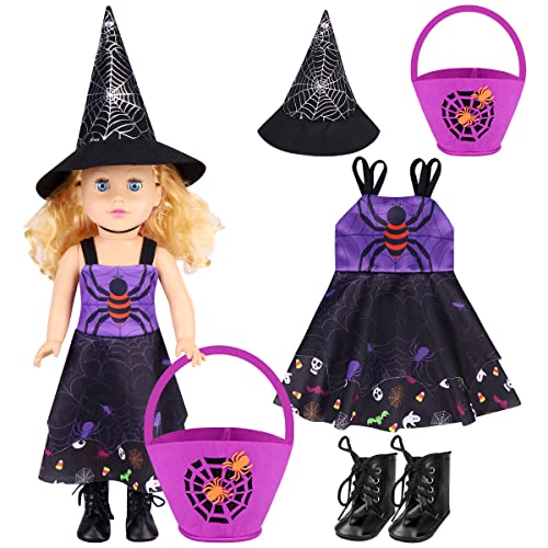 Halloween 18 Inch Doll Clothes and Accessories Halloween Doll Costumes Outfits Spider Theme with Dress, Shoes, Spider Trick or Treat Bag and Witch Hat for 18 Inch Doll Halloween Costumes