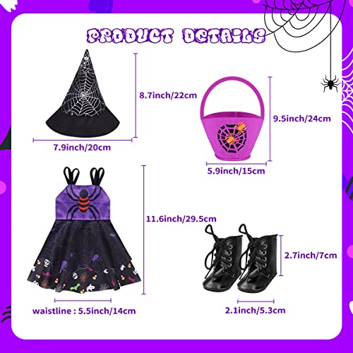 Halloween 18 Inch Doll Clothes and Accessories Halloween Doll Costumes Outfits Spider Theme with Dress, Shoes, Spider Trick or Treat Bag and Witch Hat for 18 Inch Doll Halloween Costumes