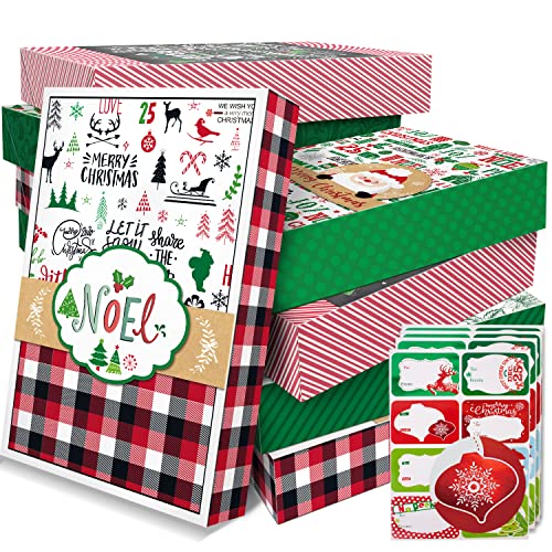 Party Funny 12Christmas Gift Wrap Boxes Bulk with Lids, 12 Tissue paper and 80 Count Foil Christmas Tag Stickers for Wrapping Large Clothes (Shirts，Tshirt) and Xmas Holiday Present