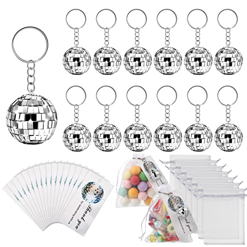 BBTO 36 Sets Mirror Disco Ball Keychain with Drawstring Sheer Organza Bags Thank You Tags Accessories Mini Key Rings for 70s 80s Themed Party Halloween Christmas Decorations