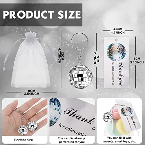 BBTO 36 Sets Mirror Disco Ball Keychain with Drawstring Sheer Organza Bags Thank You Tags Accessories Mini Key Rings for 70s 80s Themed Party Halloween Christmas Decorations