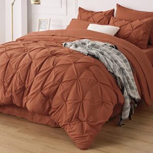 Bedsure Queen Comforter Set - Bed in a Bag Queen 7 Pieces, Pintuck Bedding Sets Burnt Orange Bed Set with Comforter, Sheets, Pillowcases & Shams