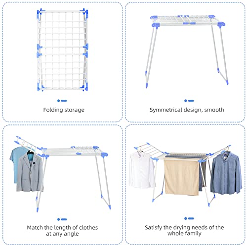 YUBELLES Clothes Drying Rack, Gullwing Laundry Rack, Collapsible, Space-Saving Laundry Rack, with Bonus Sock Clips, for Clothes, Towels, Linens, Indoor/Outdoor, Blue