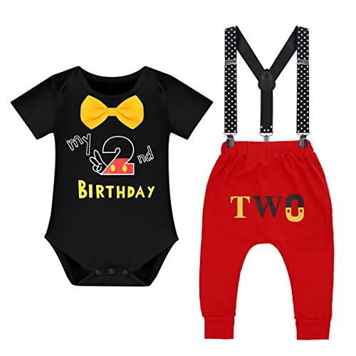 IBTOM CASTLE Birthday Party Decorations Supplies, Toddler Baby Boys 2nd Birthday Cake Smash Outfits Bowtie Two Year Old Romper Pants Set Black - my 2nd birthday 2-3 Years