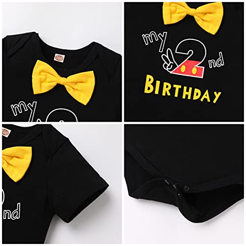 IBTOM CASTLE Birthday Party Decorations Supplies, Toddler Baby Boys 2nd Birthday Cake Smash Outfits Bowtie Two Year Old Romper Pants Set Black - my 2nd birthday 2-3 Years