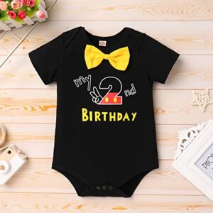 IBTOM CASTLE Birthday Party Decorations Supplies, Toddler Baby Boys 2nd Birthday Cake Smash Outfits Bowtie Two Year Old Romper Pants Set Black - my 2nd birthday 2-3 Years