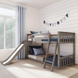 max & lily solid wood twin over twin size low bunk beds for kids with slide and ladder, 400 lbs weight capacity, 14" safety guardrail, anti-slip steps, clay