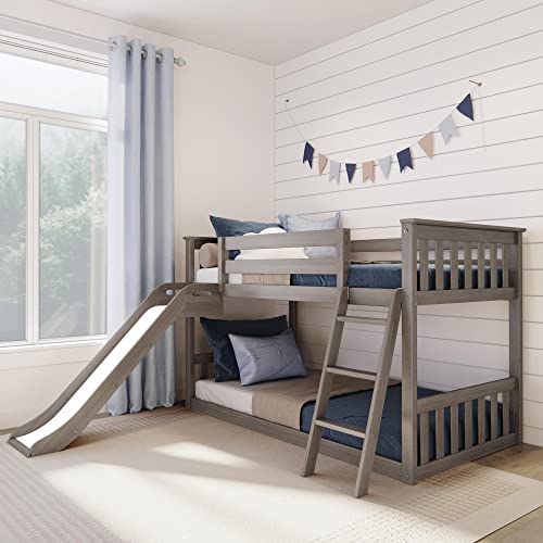 Max & Lily Solid Wood Twin over Twin Size Low Bunk Beds for Kids with Slide and Ladder, 400 lbs Weight Capacity, 14" Safety Guardrail, Anti-Slip Steps, Clay