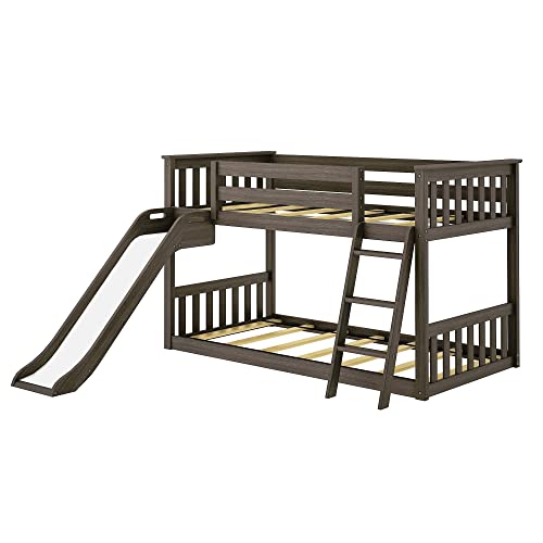 Max & Lily Solid Wood Twin over Twin Size Low Bunk Beds for Kids with Slide and Ladder, 400 lbs Weight Capacity, 14" Safety Guardrail, Anti-Slip Steps, Clay