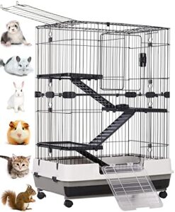 extra large multi-level indoor small animal pet cage for guinea pig ferret chinchilla cat playpen rabbit hutch with solid platform & ramp, leakproof litter tray, 2 large access doors lockable casters