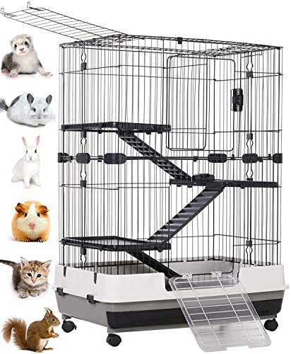 Extra Large Multi-Level Indoor Small Animal Pet Cage for Guinea Pig Ferret Chinchilla Cat Playpen Rabbit Hutch with Solid Platform & Ramp, Leakproof Litter Tray, 2 Large Access Doors Lockable Casters