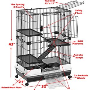 Extra Large Multi-Level Indoor Small Animal Pet Cage for Guinea Pig Ferret Chinchilla Cat Playpen Rabbit Hutch with Solid Platform & Ramp, Leakproof Litter Tray, 2 Large Access Doors Lockable Casters