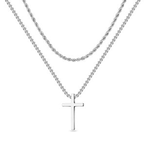 glishiver cross necklace for men, mens cross necklaces stainless steel cross chain layered rope chain cross necklace for men cross chain for men boys 20 inch cross necklace silver chain for men